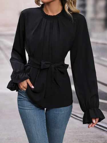 Flared Sleeves Long Sleeves Elasticity Pleated Solid Color Tied Round-Neck Blouses&Shirts Tops