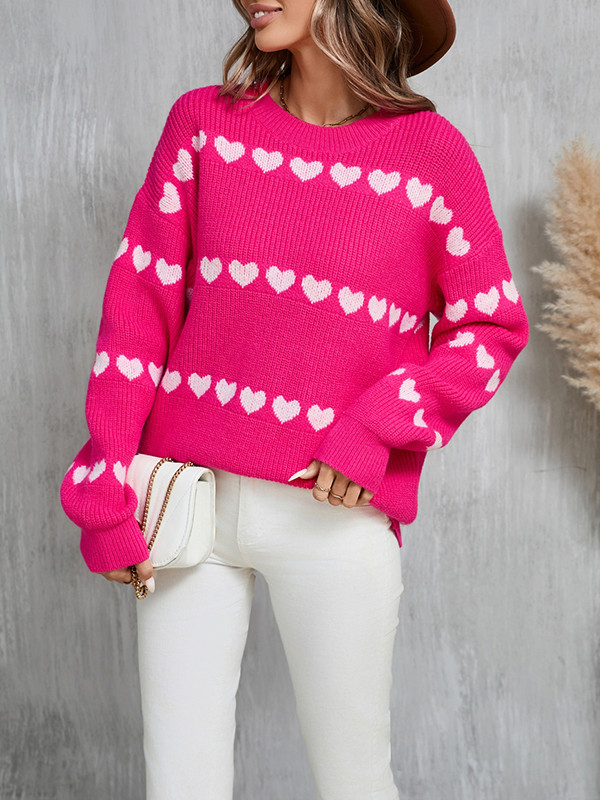 Long Sleeves Loose Heart Print Split-Joint Round-Neck Pullovers Sweater Tops