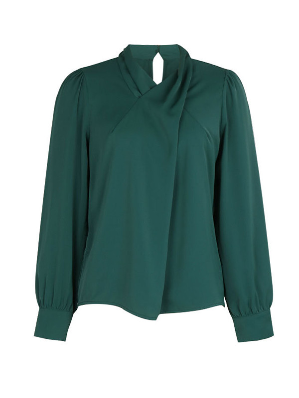 Long Sleeves Loose Buttoned Hollow Knot Pleated Solid Color V-Neck Blouses&Shirts Tops