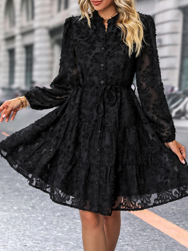 A-Line Long Sleeves Buttoned Jacquard Solid Color Split-Joint Tied Waist Round-Neck Mini Dresses