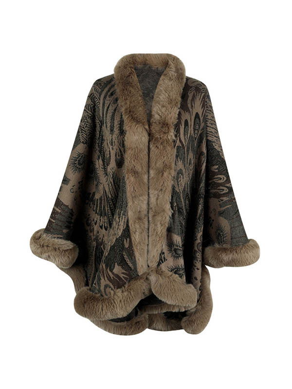 Long Sleeves Loose Jacquard Keep Warm Velvet Collarless Cape Shawl