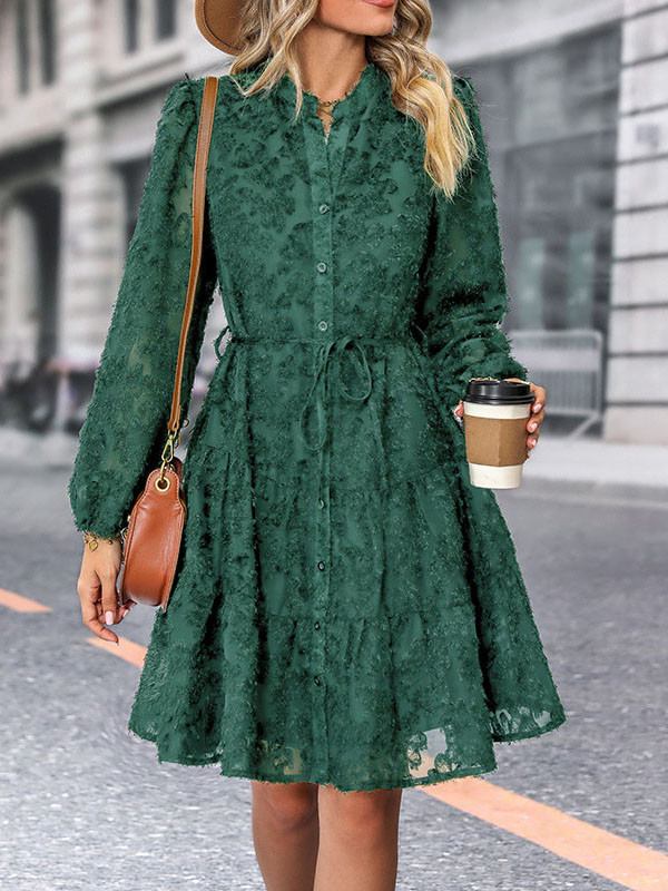 A-Line Long Sleeves Buttoned Jacquard Solid Color Split-Joint Tied Waist Round-Neck Mini Dresses