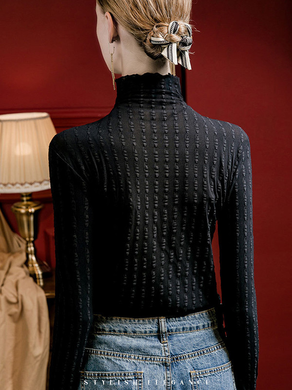 Long Sleeves Plus Size Jacquard See-Through Solid Color Split-Joint High Neck T-Shirts Tops