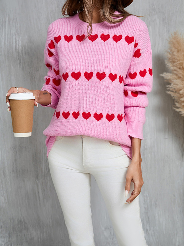 Long Sleeves Loose Heart Print Split-Joint Round-Neck Pullovers Sweater Tops
