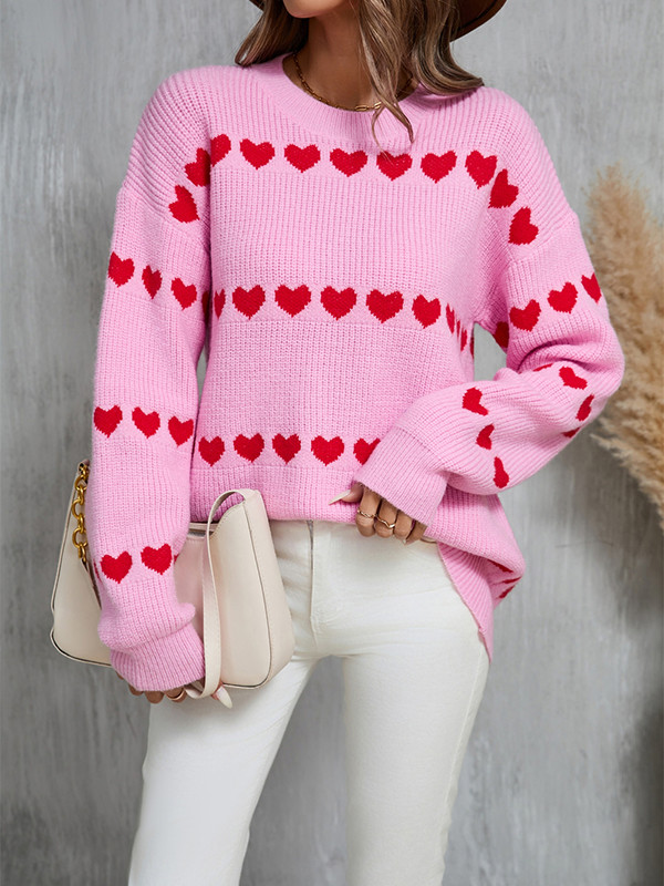 Long Sleeves Loose Heart Print Split-Joint Round-Neck Pullovers Sweater Tops