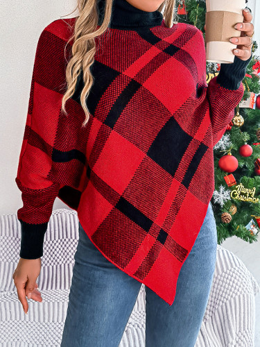 Long Sleeves Loose Contrast Color Plaid High Neck Pullovers Sweater Tops