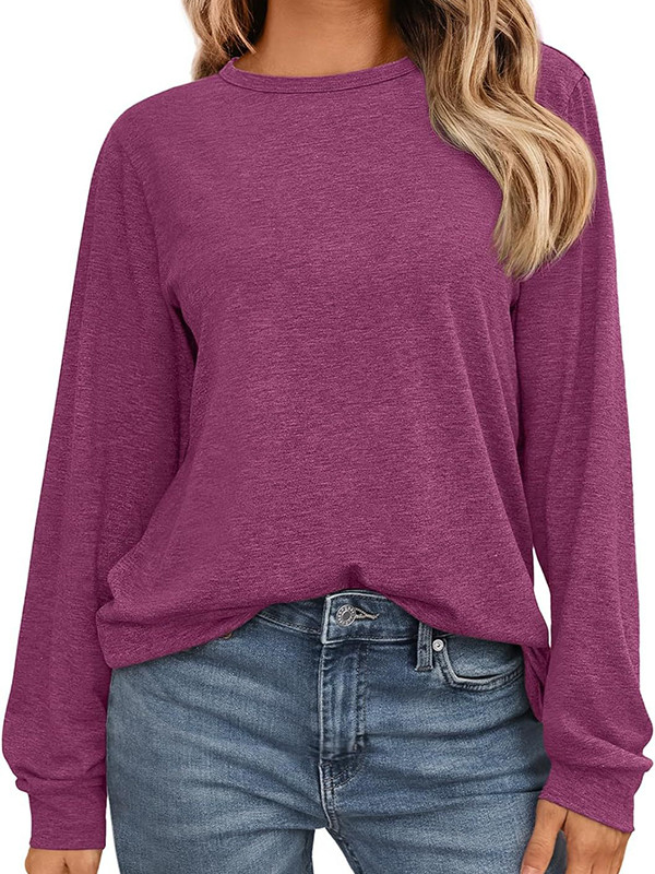 Long Sleeves Loose Solid Color Round-Neck T-Shirts Tops