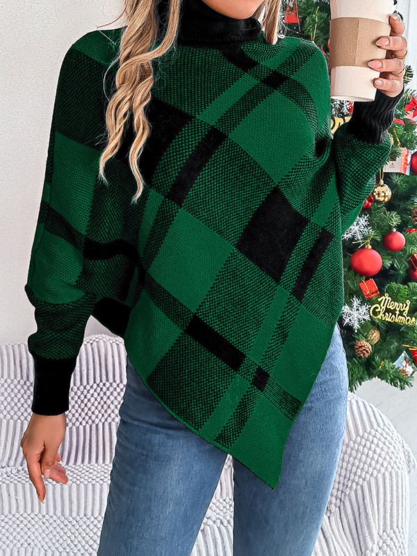 Long Sleeves Loose Contrast Color Plaid High Neck Pullovers Sweater Tops