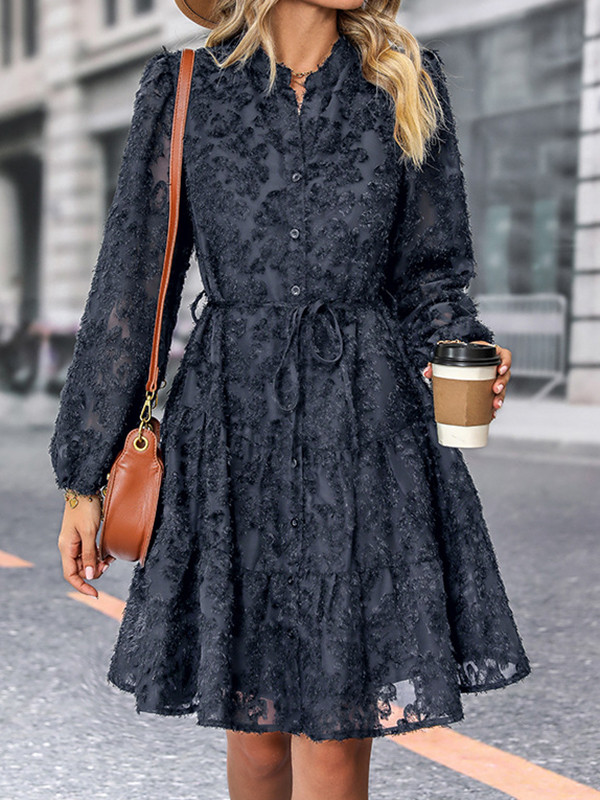 A-Line Long Sleeves Buttoned Jacquard Solid Color Split-Joint Tied Waist Round-Neck Mini Dresses