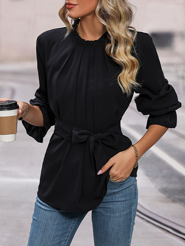 Flared Sleeves Long Sleeves Elasticity Pleated Solid Color Tied Round-Neck Blouses&Shirts Tops
