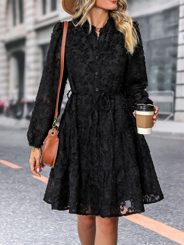 A-Line Long Sleeves Buttoned Jacquard Solid Color Split-Joint Tied Waist Round-Neck Mini Dresses