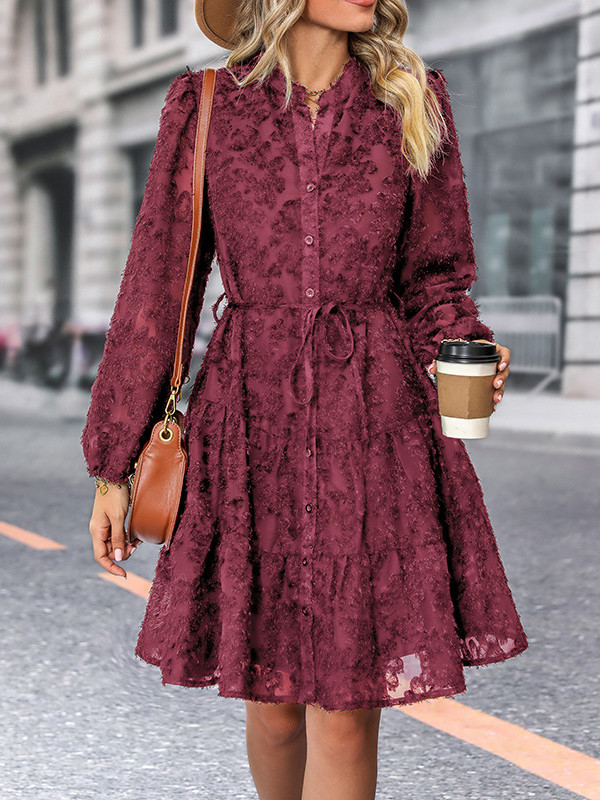 A-Line Long Sleeves Buttoned Jacquard Solid Color Split-Joint Tied Waist Round-Neck Mini Dresses