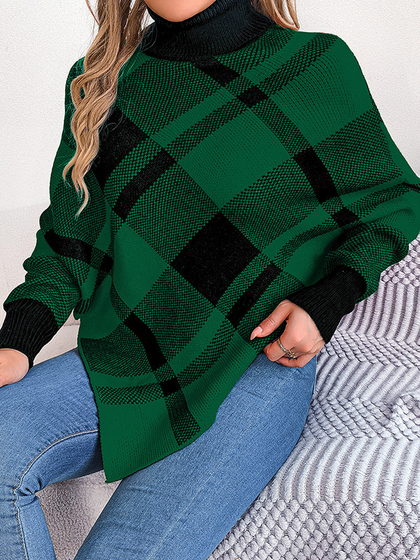 Long Sleeves Loose Contrast Color Plaid High Neck Pullovers Sweater Tops