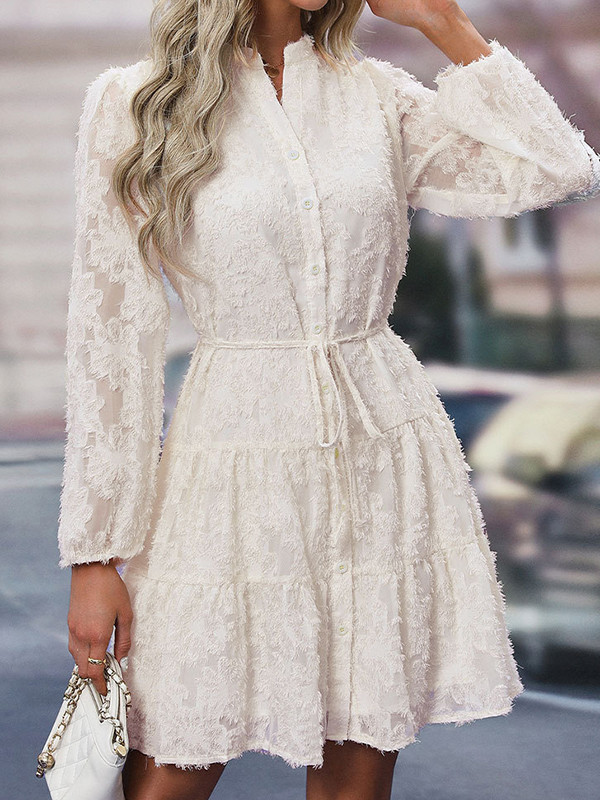 A-Line Long Sleeves Buttoned Jacquard Solid Color Split-Joint Tied Waist Round-Neck Mini Dresses