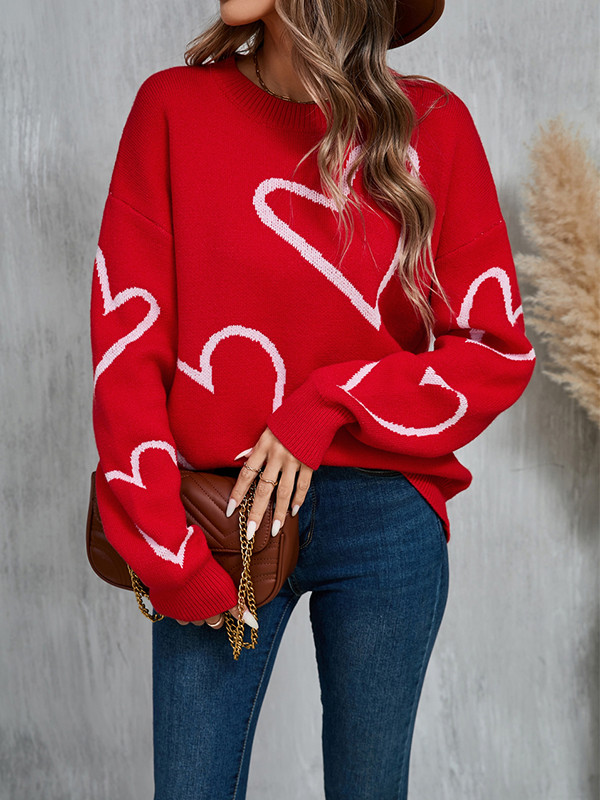 Long Sleeves Loose Contrast Color Jacquard Split-Joint Round-Neck Pullovers Sweater Tops