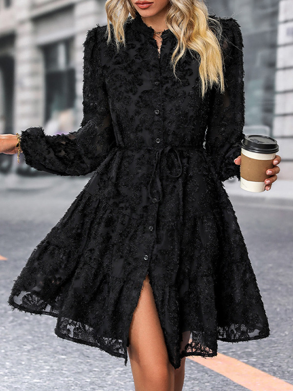 A-Line Long Sleeves Buttoned Jacquard Solid Color Split-Joint Tied Waist Round-Neck Mini Dresses