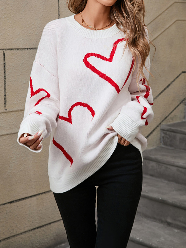 Long Sleeves Loose Contrast Color Jacquard Split-Joint Round-Neck Pullovers Sweater Tops