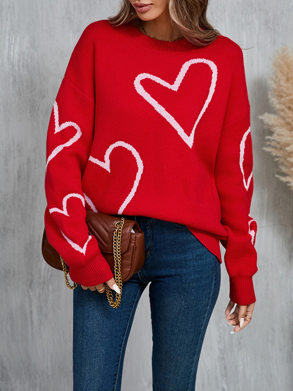 Long Sleeves Loose Contrast Color Jacquard Split-Joint Round-Neck Pullovers Sweater Tops