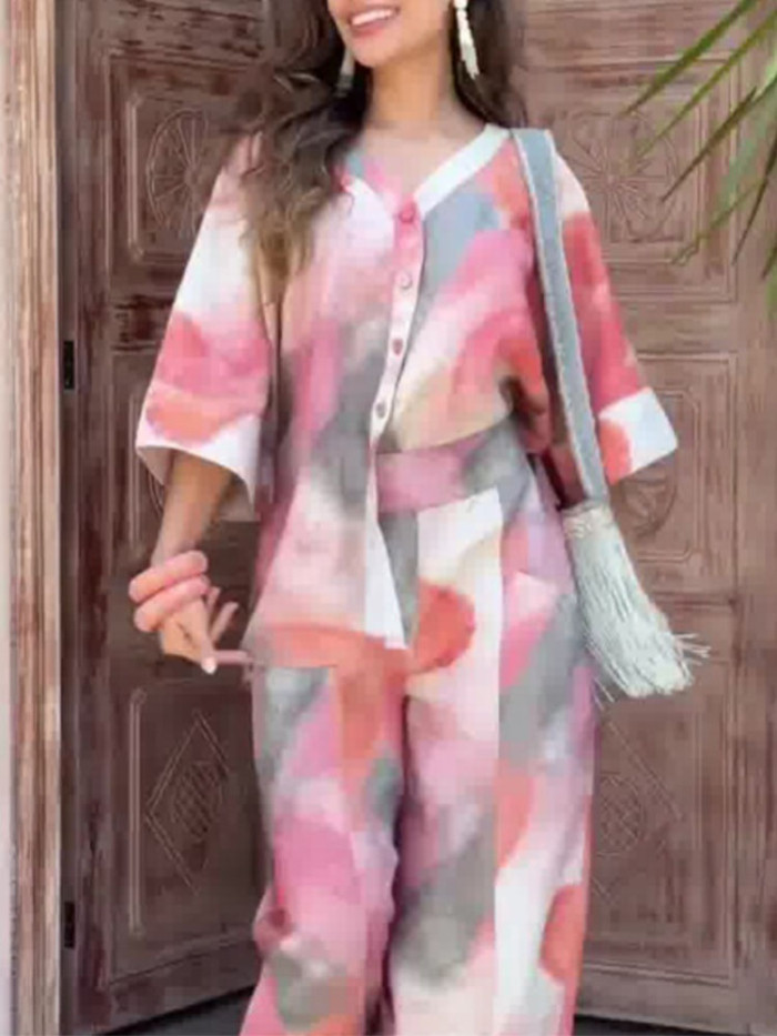 Colorful Prints Loose Shirt And Wide Pants Two-piece Set
