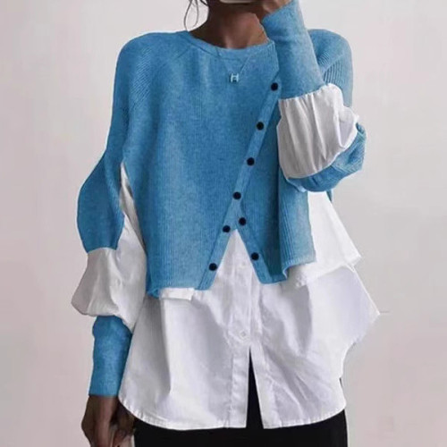Stylish Crew Neck Long Sleeve Fake Two Pieces Top