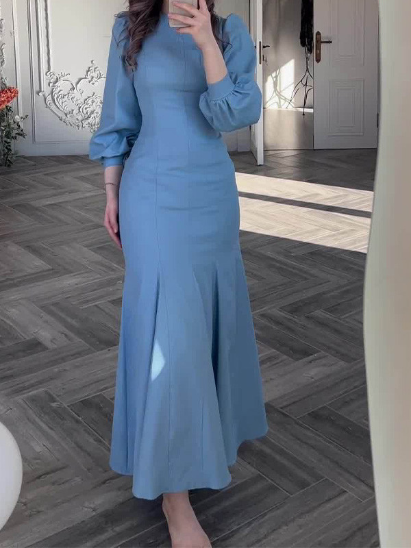 Stylish Solid Color Waistline Long-Sleeved Dress