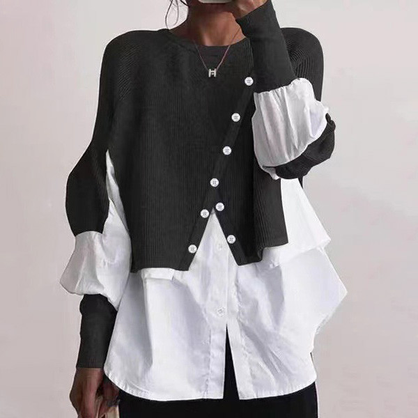 Stylish Crew Neck Long Sleeve Fake Two Pieces Top