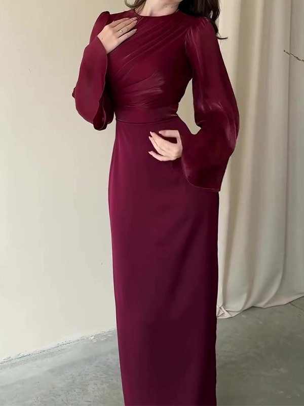 Fashion Solid Color Waistline Sexy Long-Sleeved Dress