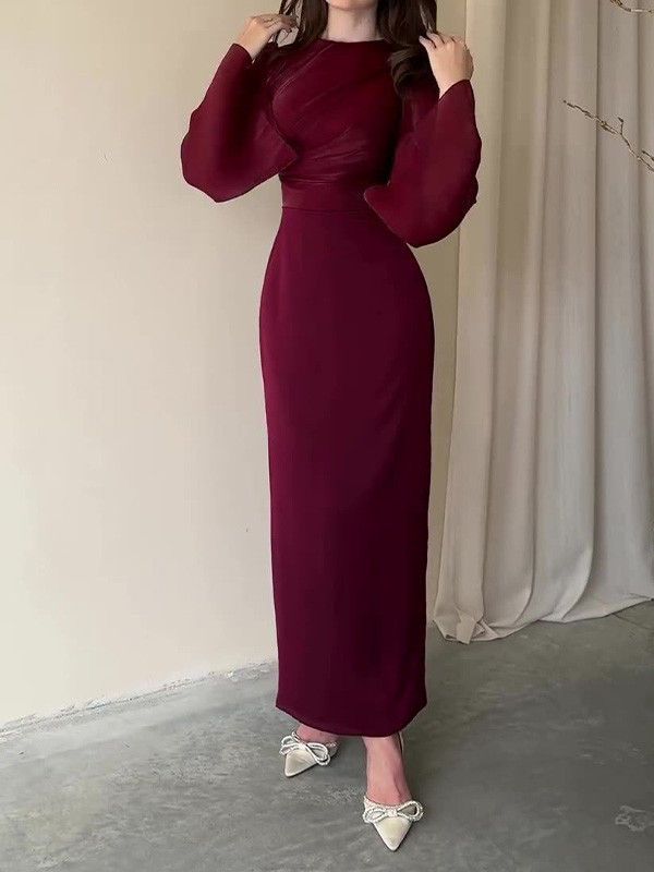 Fashion Solid Color Waistline Sexy Long-Sleeved Dress
