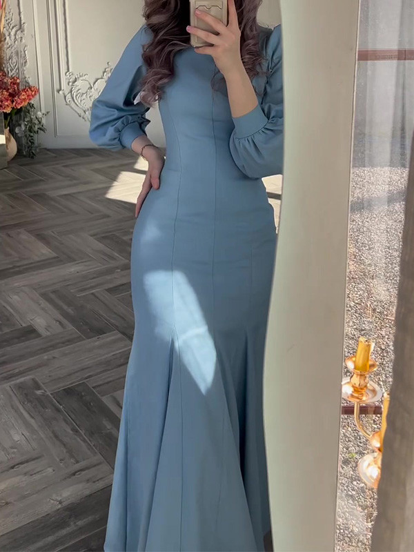 Stylish Solid Color Waistline Long-Sleeved Dress