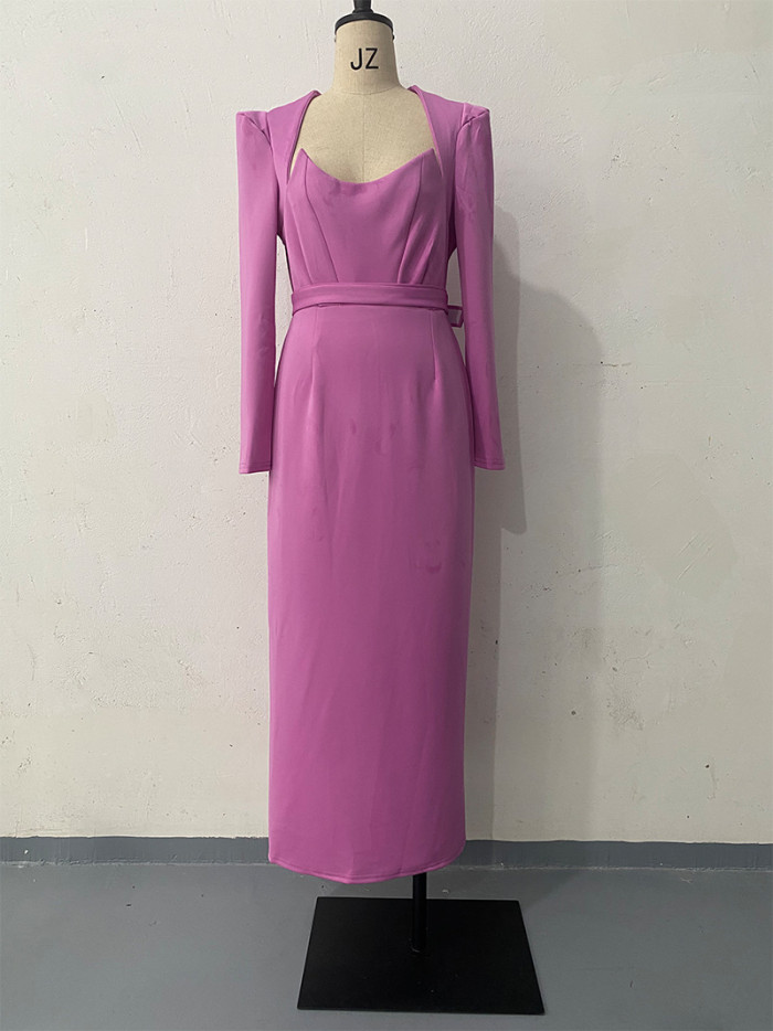 Stylish Elegant Long Sleeve Belt Dress