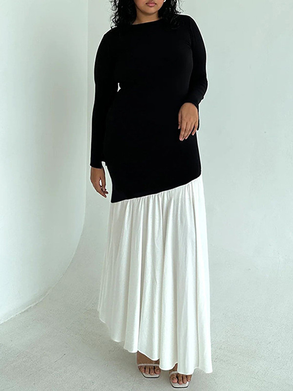 Contrast Color Pleated Split-Joint Bodycon High Waisted Round-Neck Maxi Dresses