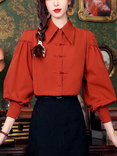 Elegant Solid Color Frill Detail Blouse with Lantern Sleeves and Lapel Collar - Polyester Blend Casual Single Breasted Top for Spring\u002FSummer\u002FFall