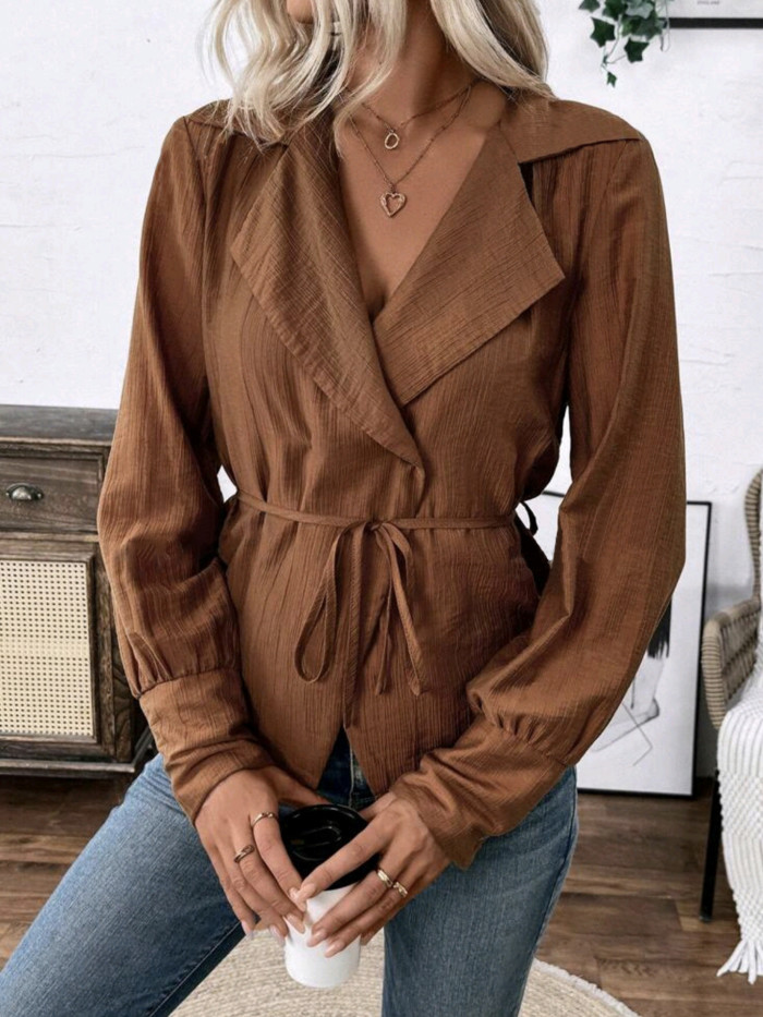 Women'S Solid Color Cross Wrap Belted Blouse, Elegant Long Sleeve Shirt, Polyester, Regular Fit, No Padding, Spring\u002FAutumn Fashion, Casual Outwear, Solid Pattern, Adult Size, V-Neck, Single Button Closure, H-Shape, Woven Fabric
