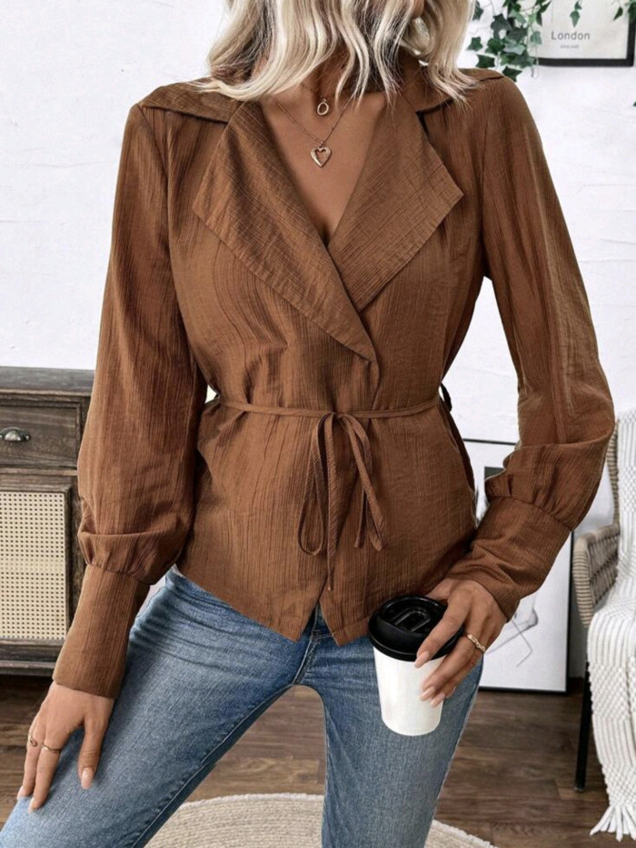 Women'S Solid Color Cross Wrap Belted Blouse, Elegant Long Sleeve Shirt, Polyester, Regular Fit, No Padding, Spring\u002FAutumn Fashion, Casual Outwear, Solid Pattern, Adult Size, V-Neck, Single Button Closure, H-Shape, Woven Fabric