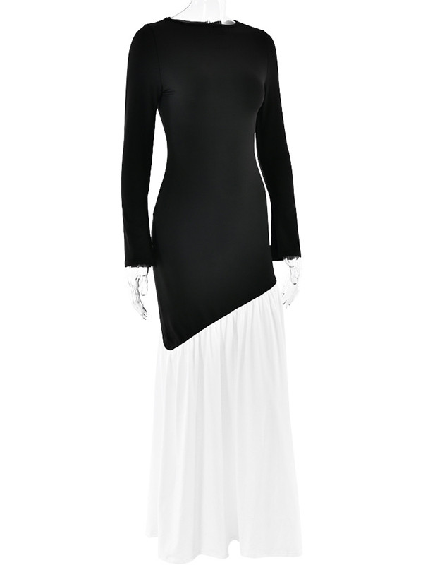 Contrast Color Pleated Split-Joint Bodycon High Waisted Round-Neck Maxi Dresses