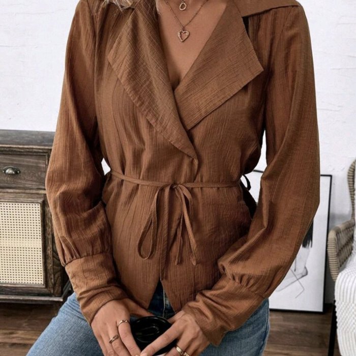 Women'S Solid Color Cross Wrap Belted Blouse, Elegant Long Sleeve Shirt, Polyester, Regular Fit, No Padding, Spring\u002FAutumn Fashion, Casual Outwear, Solid Pattern, Adult Size, V-Neck, Single Button Closure, H-Shape, Woven Fabric