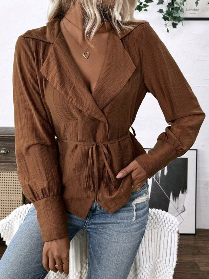 Women'S Solid Color Cross Wrap Belted Blouse, Elegant Long Sleeve Shirt, Polyester, Regular Fit, No Padding, Spring\u002FAutumn Fashion, Casual Outwear, Solid Pattern, Adult Size, V-Neck, Single Button Closure, H-Shape, Woven Fabric