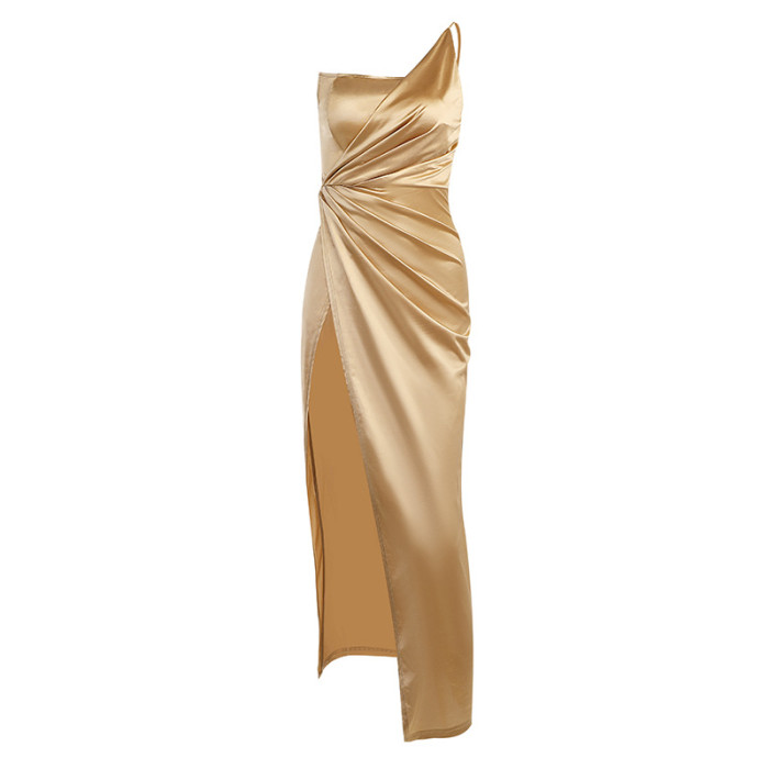 One Shoulder Fish Bone High Waist Slit Dress