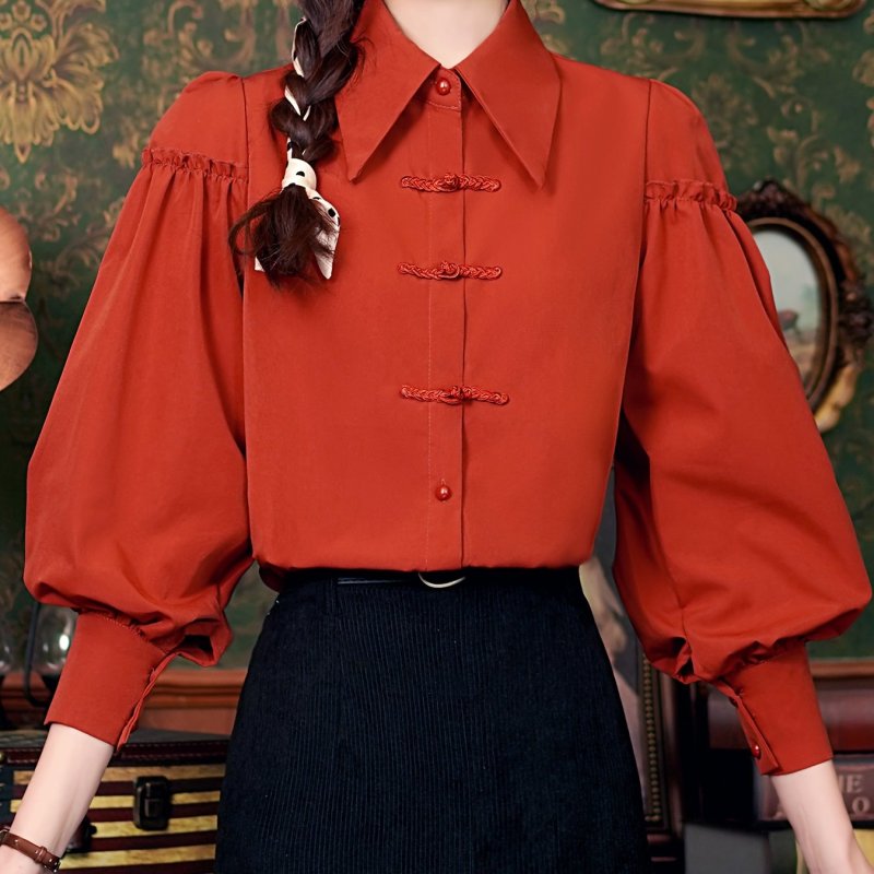 Elegant Solid Color Frill Detail Blouse with Lantern Sleeves and Lapel Collar - Polyester Blend Casual Single Breasted Top for Spring\u002FSummer\u002FFall