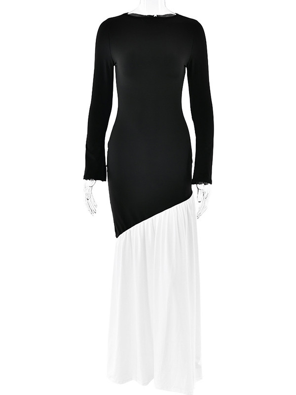 Contrast Color Pleated Split-Joint Bodycon High Waisted Round-Neck Maxi Dresses