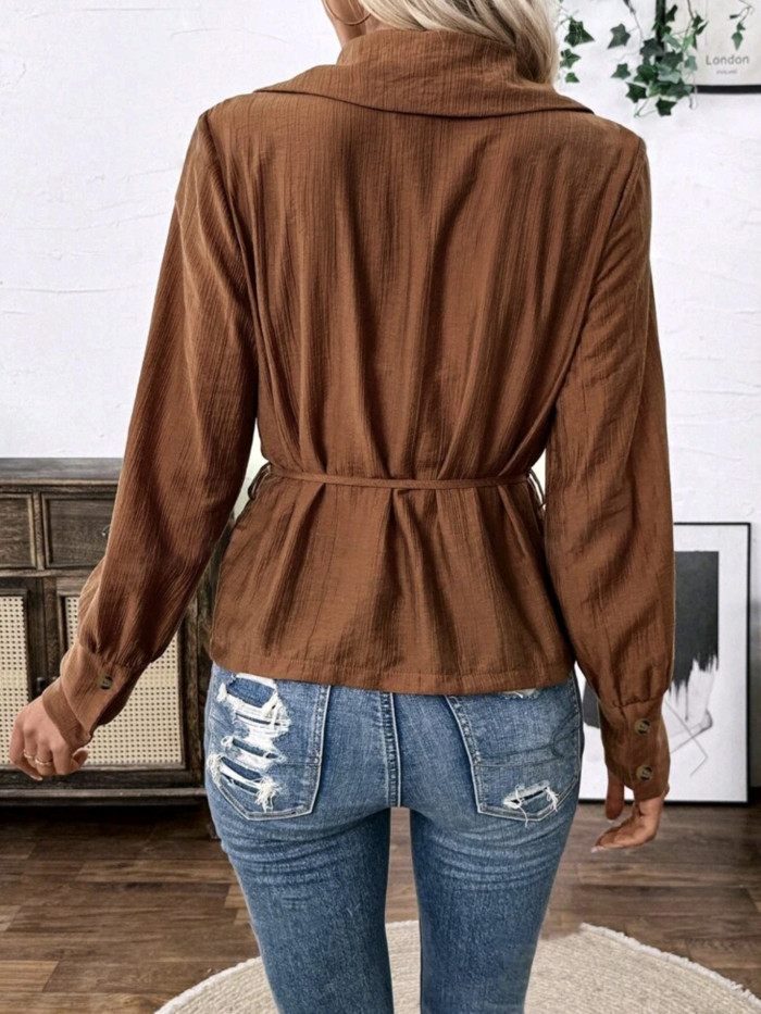 Women'S Solid Color Cross Wrap Belted Blouse, Elegant Long Sleeve Shirt, Polyester, Regular Fit, No Padding, Spring\u002FAutumn Fashion, Casual Outwear, Solid Pattern, Adult Size, V-Neck, Single Button Closure, H-Shape, Woven Fabric
