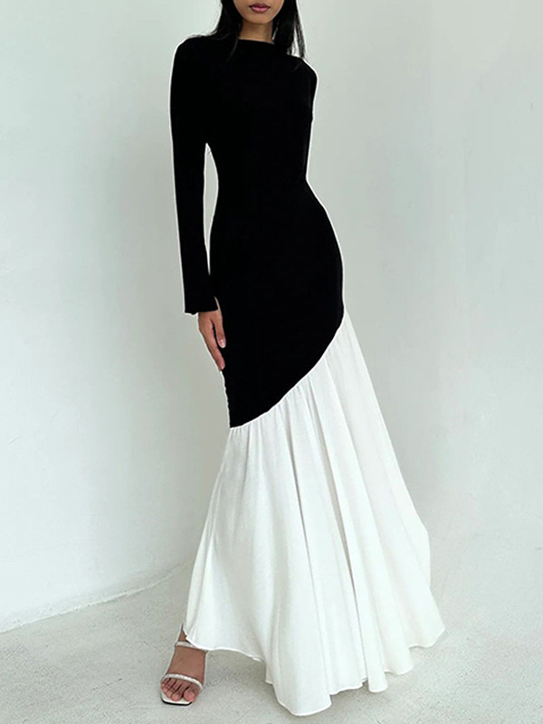 Contrast Color Pleated Split-Joint Bodycon High Waisted Round-Neck Maxi Dresses