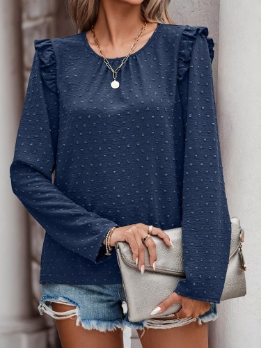 Elegant Solid Color Long Sleeve Blouse with Faux Button Detail - Polyester, Machine Washable - Perfect for Spring & Fall