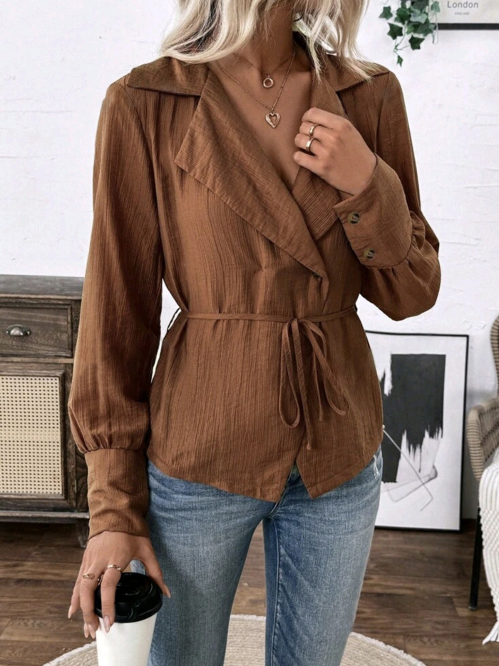 Women'S Solid Color Cross Wrap Belted Blouse, Elegant Long Sleeve Shirt, Polyester, Regular Fit, No Padding, Spring\u002FAutumn Fashion, Casual Outwear, Solid Pattern, Adult Size, V-Neck, Single Button Closure, H-Shape, Woven Fabric