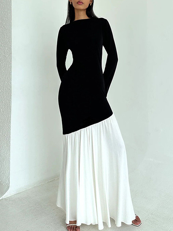 Contrast Color Pleated Split-Joint Bodycon High Waisted Round-Neck Maxi Dresses