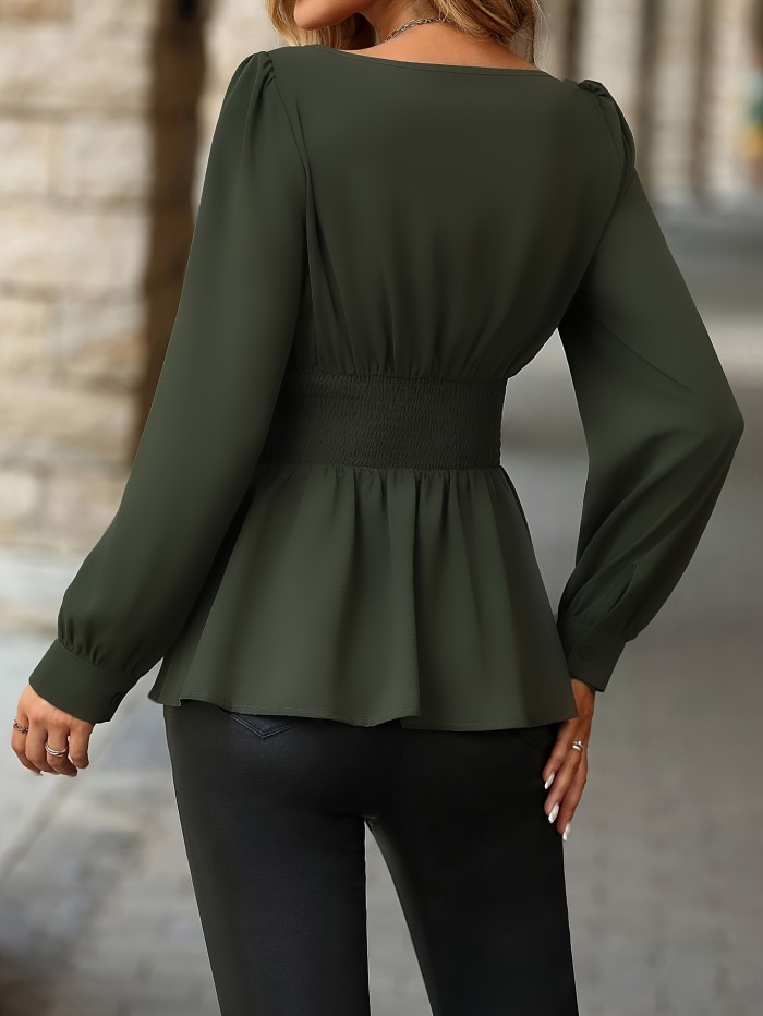 Plain Color Square Neck Blouse, Elegant Long Sleeve Shirred Waist Peplum Hem Top For Spring & Fall, Women's Clothing