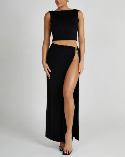 Casual Vacation Vest & Split Skirt Two-Piece Set