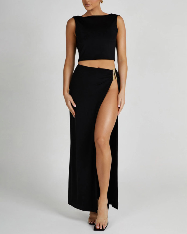 Casual Vacation Vest & Split Skirt Two-Piece Set