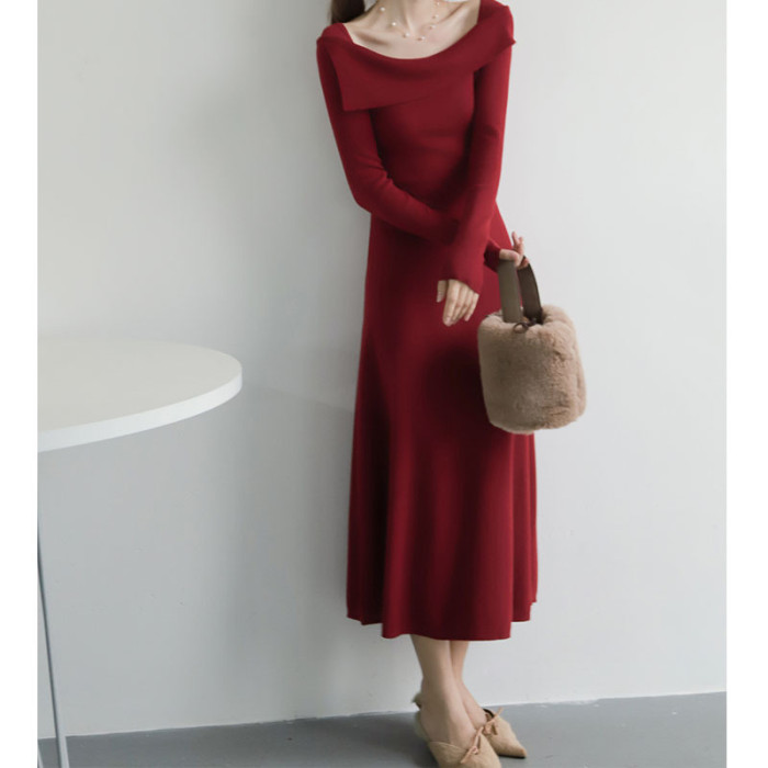 French one-shoulder fashion wool knit dress