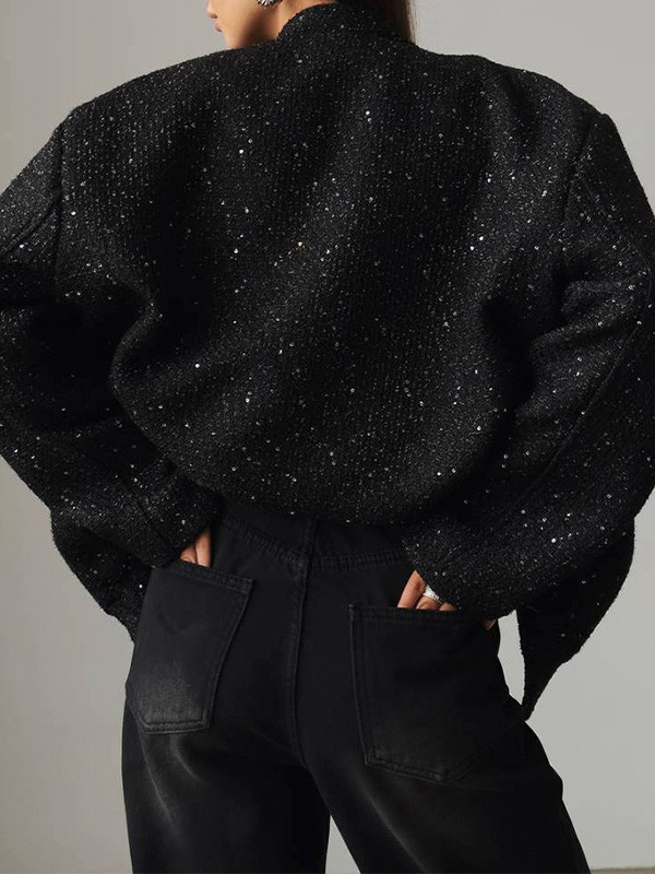 Stylish Sequin Stand Collar Loose Jacket